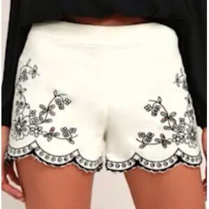 Lulu's White Shorts with Black Floral Embroidery & Scalloped Hem